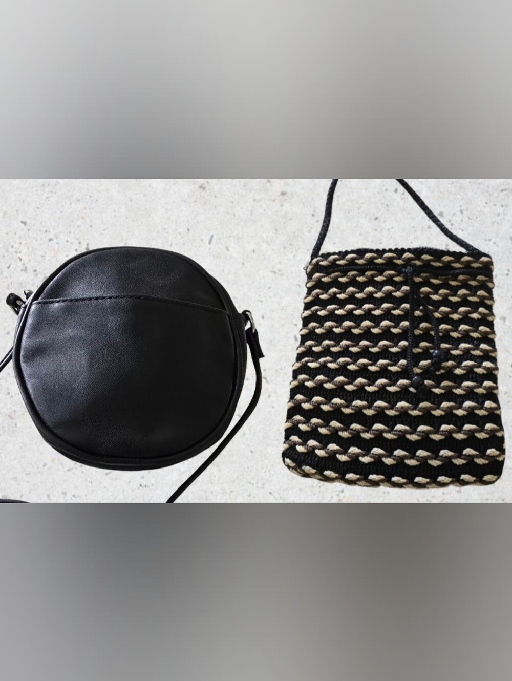 Purse Lot Of 2 Small Handbags Black Woven, Black Faux Leather Crossbody Bag